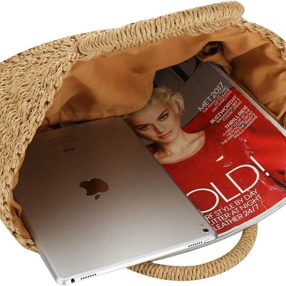 Natural Straw Round Handbag Summer Beach Bag Woven Handle Fashion Accessory - Picture 4 of 4